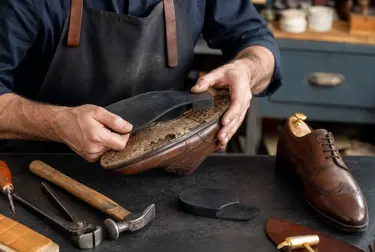 Sapateiro trabalhando na troca de solado de um sapato.